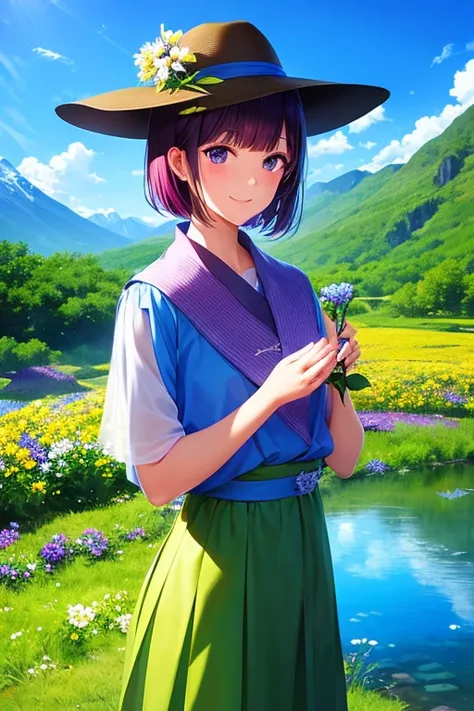 ((Lone traveler  ))、  Shiny Maroon Hair ,  short hair, ( Clean brown eyes 、  Sparkling Eyes  , fine grain)、smile、 極めて精細な目が柱Betweenに挟まれている、  very detailed face ,  very detailed eyes,  one girl, Alone、  Masterpiece  ,  cowboy shooting、  super high resolution...