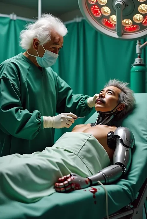 Albert Einstein,green surgeons gown, green surgeons pants, brown surgeons apron, green surgeons mask,green surgical gloves covered in blood,holding a scalpel,Standing behind the surgical bed,Operating on a 20-year-old Japanese man,The korean man 20 years o...