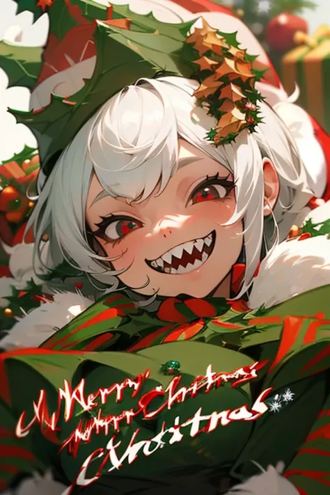 girl,  white hair , 
(( smiling)) , ((detailed sharp teeth:1.5)) 
(Christmas hat:2.0), in the head,(red:1.6)
The best quality , masterpiece, looking down,cute