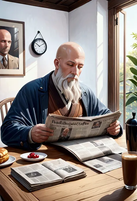 a bald man with a long white beard sitting at a breakfast table,drinking coffee,reading a newspaper,detailed portrait,photorealistic,high quality,intricate details,warm lighting,natural colors,calm expression,comfortable interior scene,realistic textures,w...