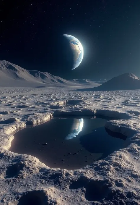 Very realistic accurate depiction of the moons surface.There is a quiet lake on the moon. The lake is reflecting the earth and the beautiful stars of the universe.photo of the moon surface.landscape,realistic