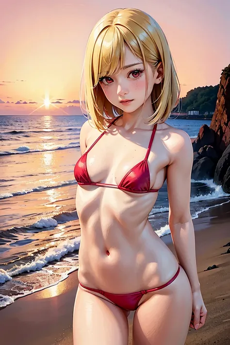 alone, (1 female), kitagawa marin, blonde hair, pink highlights, red eyes, minimal, 1girl, solo, red micro bikini, red eyes, nose blush, shy, looking at viewer, tight round butt, small breasts, slim figure, contrapposto, beautiful sandy shore, ocean in bac...