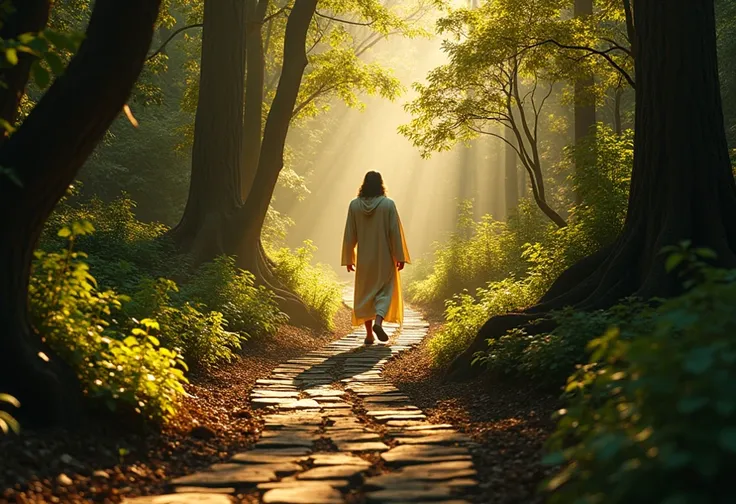 A cinematic scene of Jesus Christ walking along a rugged, winding path through a dense forest. As He moves forward, the twisted and rocky trail straightens and becomes smooth, bathed in a soft golden light. The surrounding trees, once dark and overgrown, b...