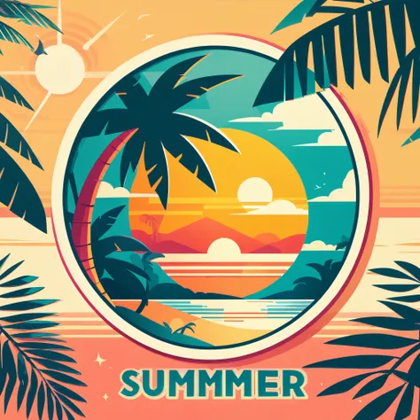 Retro CD jacket, Summer beach, palm trees, shining sun, flat Design, vector illustrations, graphic illustration, detailed 2d illustration, flat illustration, digital illustration, digital artwork,