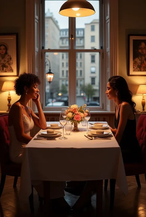 the table setting of a dining room for two peoble, in a first floor house in manhattan
