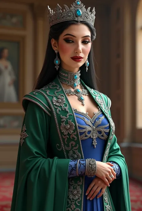 Sultana wears a royal green jacket with silver embroidery , Royal blue semi-transparent flakes with edges , silver necklace, silver earrings and a silver crown encrusted with precious stones, She has black hair