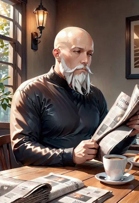 a bald man with a long white beard sitting at a breakfast table,drinking coffee,reading a newspaper,detailed portrait,photorealistic,high quality,intricate details,warm lighting,natural colors,calm expression,comfortable interior scene,realistic textures,w...