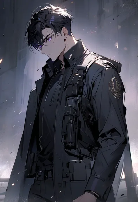  handsome,  alone, 1 person, Short hair, Black hair,  purple eyes,  black shirt,  Black coat ,Combat with a holster gun