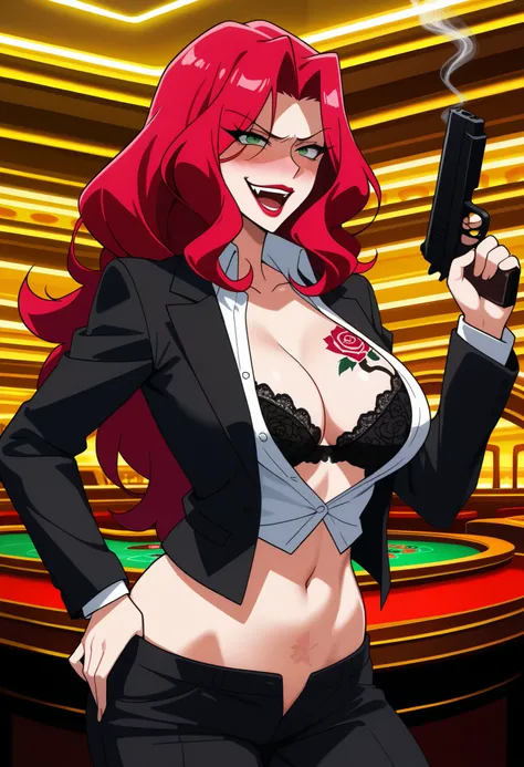 red hair, green eyes, Malty, long hair, anime girl, blush, lipstick, sharp eyes, Hot girl, baddie,, bad attitude, mean girl, smoking, sensual, attractive, bar background, inside bar,indoors, casino, long sleeves,
cleavage, jacket, unbuttoned pants, black j...