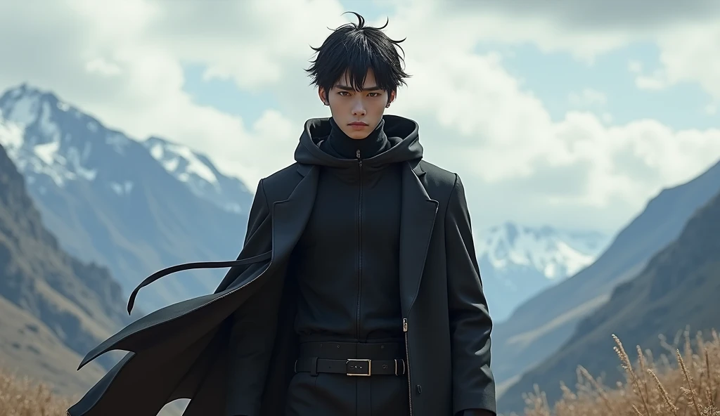 a 18 years old man with black modern cloth, he is angry and serious, the environment is a great landscape, the far is some mountains, genshin-style