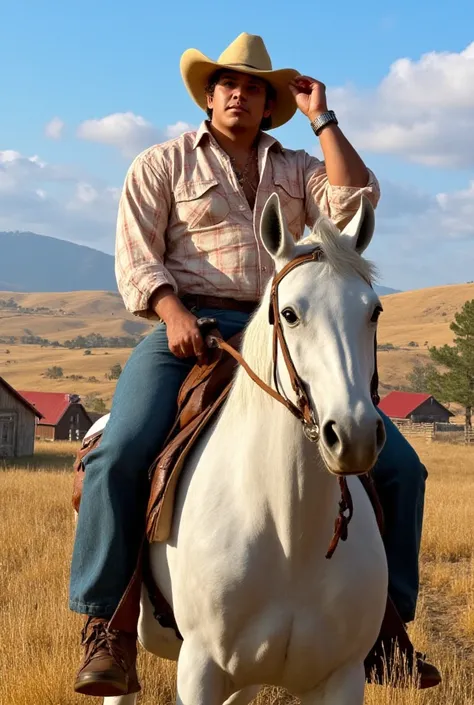 Cowboy man riding a white horse with his hand on his hat his body is muscular but not exaggerated wearing simple white and red plaid clothes with jeans and a farm in the background 