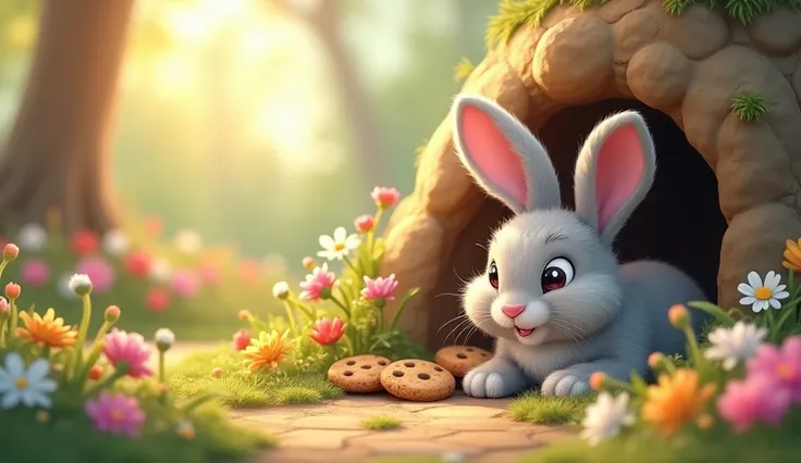 Image Prompt:

Illustration of a cheerful bunny with soft gray fur, big floppy ears, and bright eyes, sitting up in a cozy burrow surrounded by colourful flowers and sunlight filtering through the trees. A smell of cookies wafts through open burrow entranc...