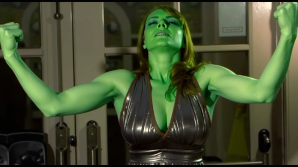 Susan Sullivan as She Hulk. She is posed in a dynamic fighting stance against a plain dark background. She had vivid green skin, matching green wavy hair cascading down their back, and wear a white sleeveless dress with a deep V-neckline and a distressed h...