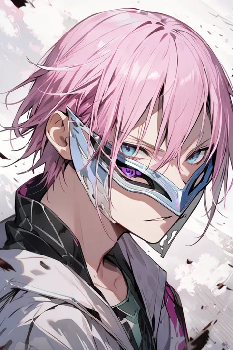  An 18-year-old boy, pink hair, mysterious mask , white pele