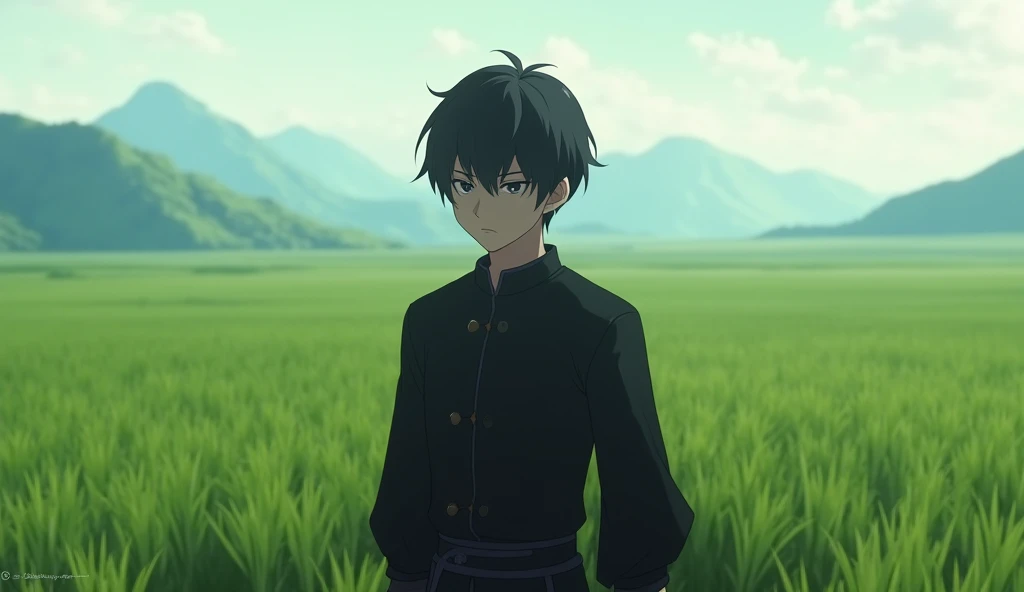 a 18 years old man with black skinny simple cloth, he is angry and serious, the environment is a great landscape, the far is some mountains, full of grass, genshin-style