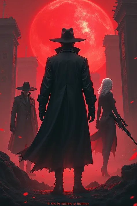 1. **Main characters（Personagens Principais）**:
   - "half-vampire hero"
   - "vampire hunter with a wide-brimmed hat"
   - "sharp-eared protagonist"

2. **Settings（ scene settings ）**:
   - "post-apocalyptic cityscape"
   - "dystopian wasteland"
   - "rui...