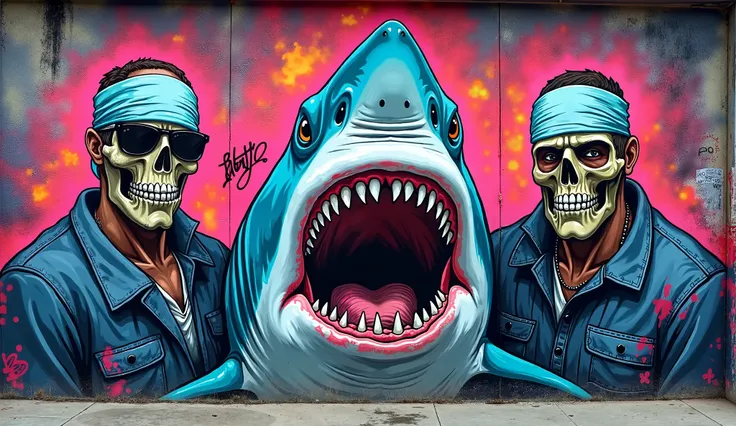 graffiti of a shark and on the sides two gangsters wearing light blue bandanas and skulls all this set in the game GTA V