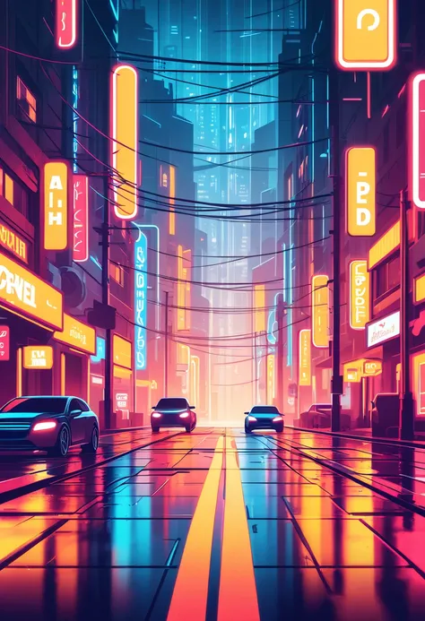 cover page, A neon street at night where car headlights flow, flat Design, vector illustrations, graphic illustration, detailed 2d illustration, flat illustration, digital illustration, digital artwork,