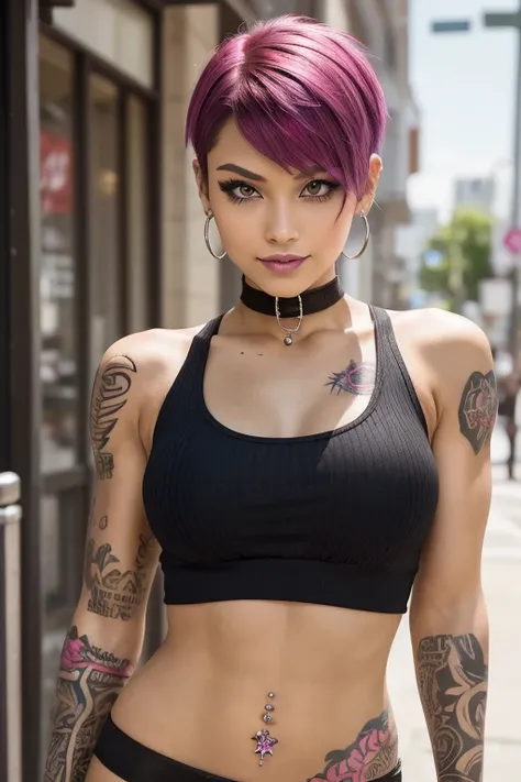 High resolution, masterpiece, top quality pic of a young athletic girl y.o. magenta/pink/black roots hair, pixie cut, She is Eurasian, with an athletic build, slim and agile, with the physique of a martial artist, dancer, model. piercings and tattoos, stre...