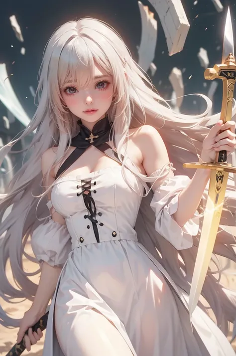 Black anime girl ， Long White Hair ， wearing a white dress ,  Yellow Eyes , With a sword,  indifferent metaphysical style