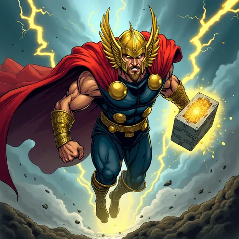 King Thor from the comics, With the golden helmet holding the Hammer Mjölnir in a storm with yellow lightning coming out of it, flying, Thor with yellow rays coming out of his glowing eyes, with an angry expression, In comic book style