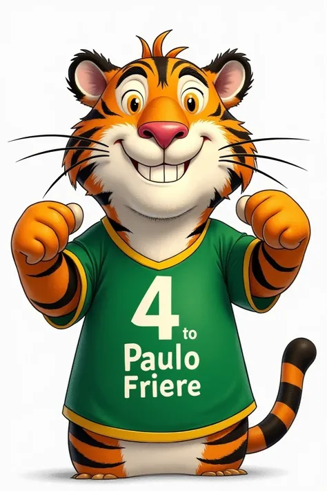  Drawing of a tiger wearing a green sports t-shirt with yellow edges, that says: 4 To Paulo Freire.
The tiger must be cheerful and with its hands in a scratching position 