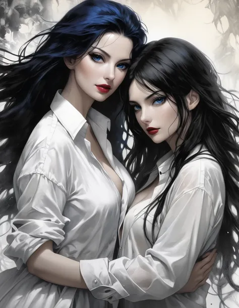 Touching horror style, Two beautiful women, a woman with long blue hair, a woman with long black hair, They were once friends, then lovers, then in love, but now enemies, Fantasy world, dynamic angle, dynamic pose, transcending the time, (nipples covered: ...