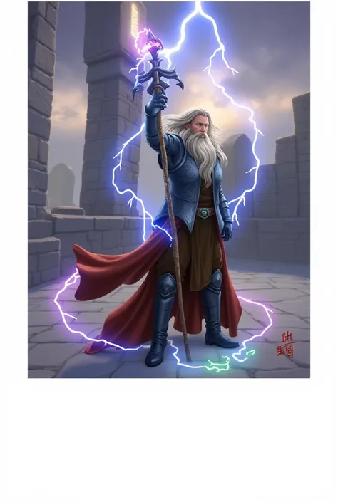 Merlin the wizard, standing in a mystical setting. He is a powerful figure, with a long white beard and flowing hair. He is clad in a dark, leather-like armor and a flowing red robe. He holds a staff that is glowing with blue, pink and green energy, and th...