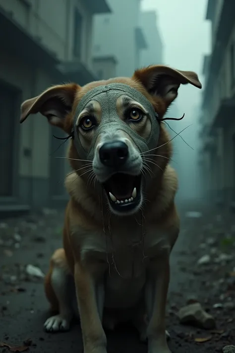 a dog wearing a panic mask in a horror setting