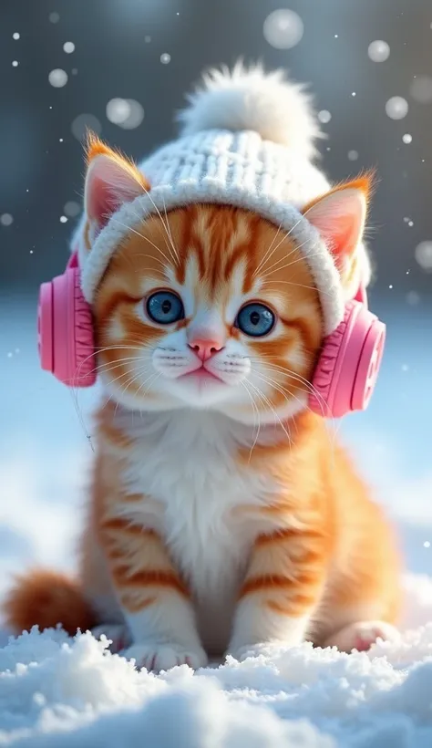 "A cute and fluffy orange-and-white kitten sitting in the snow, wearing pink headphones and a cozy white winter hat. The kitten has large, sparkling blue eyes and an adorable expression, surrounded by a soft, snowy winter background with gentle lighting th...