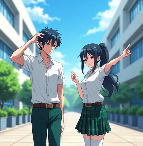  A 17-year-old anime-style , To Love Ru, standing in the outdoor corridors of a huge 4-story white school with blue tinted windows with medium-sized flower pots in the surrounding area,  with some students in the surrounding area wearing the same uniform d...