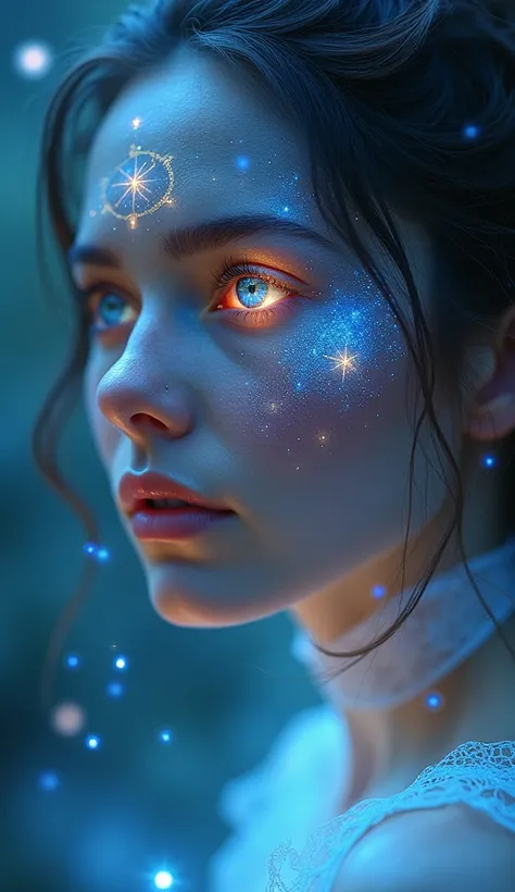 A stunning mystical woman representing Cancer, close-up of her glowing face, illuminated by soft blue and silver lights, her radiant eyes glowing, surrounded by celestial Cancer zodiac imagery."