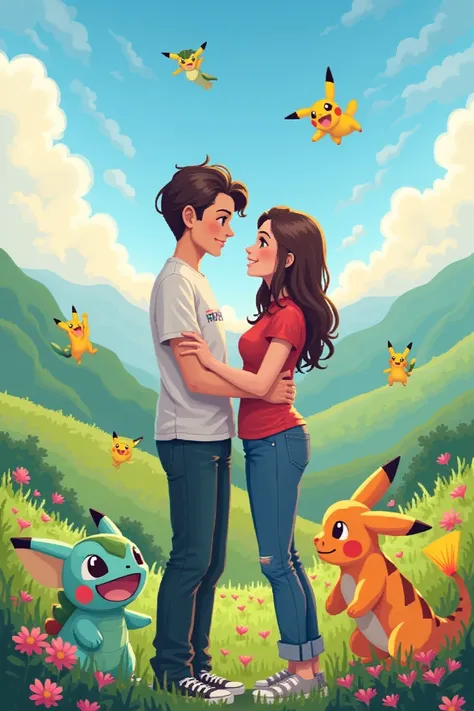 A couple in love with pixel-style Pokemons 