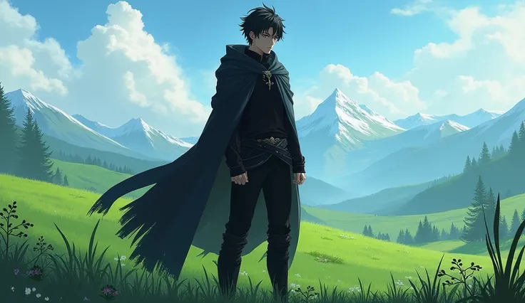 a 18 years old man with black skinny cloth and also cloak, he is angry and serious, the environment is a great landscape full of grass, the far is some mountains, there are few clouds on the sky, genshin-style