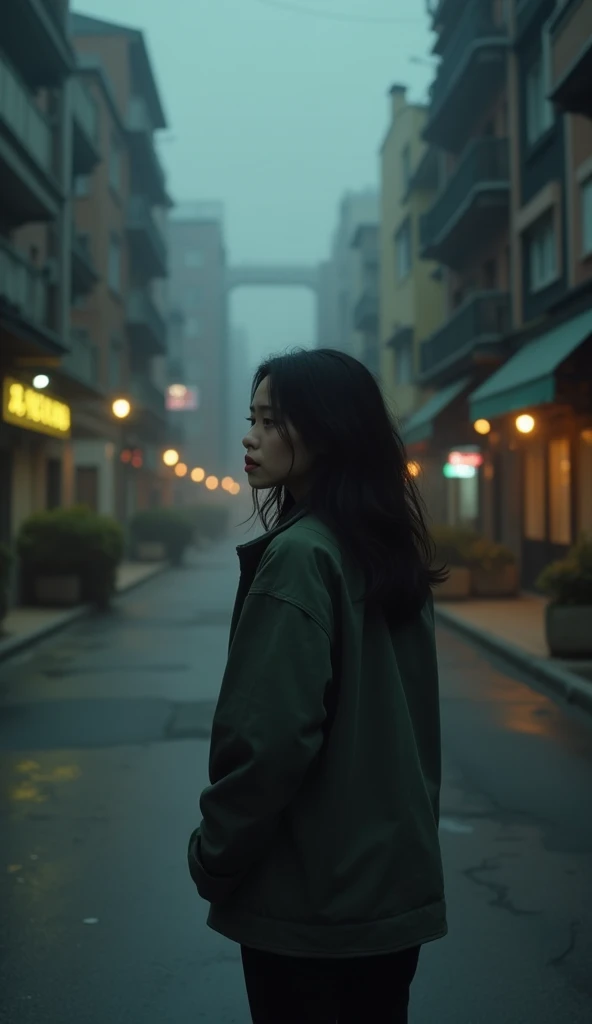 A conceptual image of a young woman (representing Elisa Lam) walking alone towards an old hotel, with a somewhat worried or thoughtful expression. The scene is somber, with flickering city lights in the background.