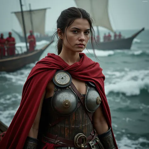 a cinematic scene close up of 40 yeards old italian matured woman model with tense facial expression as medieval roman admiral wearing medieval armor with red capes on a galley ship with praetorians behind her under rain, waving water, roman galley ships a...