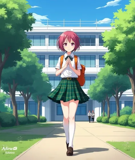  A 17-year-old anime-style lady , To Love Ru,  walking down a path at the entrance outside of a huge 4-story white school with blue tinted windows with trees and shrubs in the surrounding area,  with some students in the surrounding area wearing the same u...