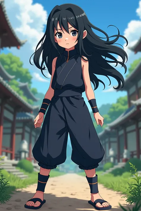 Cartoon cartoon without very exaggerated features Naruto Shippudens universe black-haired girl with black eyes from the Uchiha Outfit ninja clan 