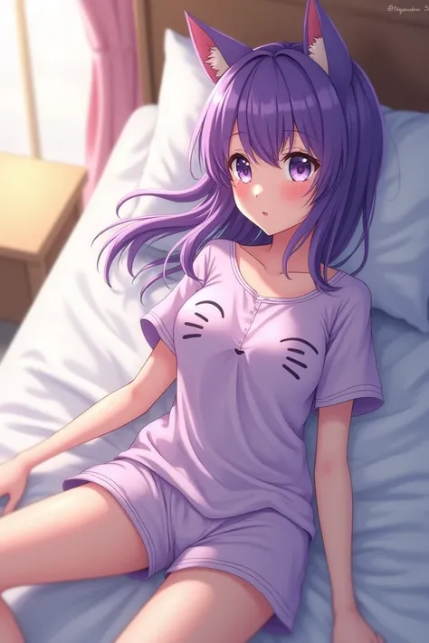  White girl  [ purple hair and purple eyes ]  medium breasts  [shorts de pijama tono light purple] kitten pajamas  [light purple] [ anime girl image] lying in her bed. 