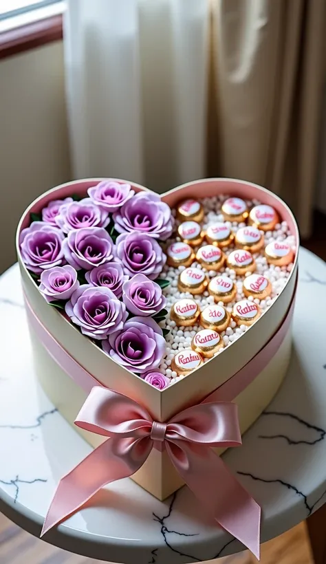  a heart-shaped box with a heart-shaped lid on the side of the box . color of the box ivory and mother-of-pearl .  inside the left half of the heart fill the left half of the heart with fifteen lush roses with thin light purple petals .  fill the right hal...