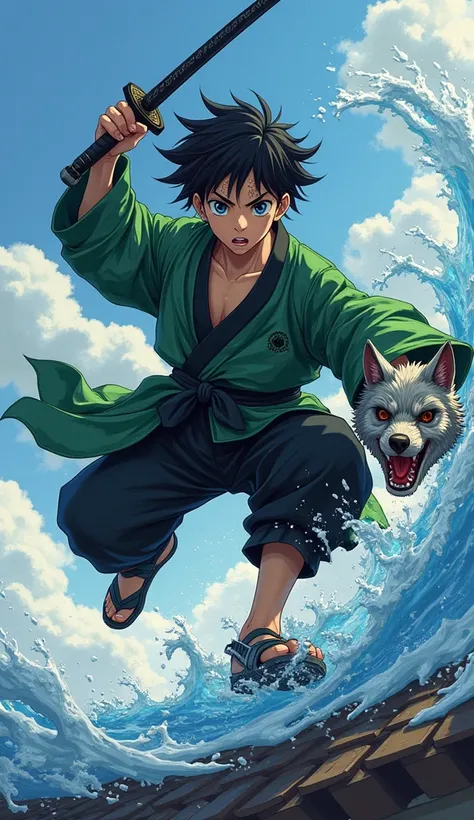 realistic picture Japanese boy age 18 with big eyes, black hair, freckles, right big forehead scar, holding a black katana sword, long robe, green black checkered pattern , black pants, jumping on roof pose, long big blue white water wave at slashing sword...