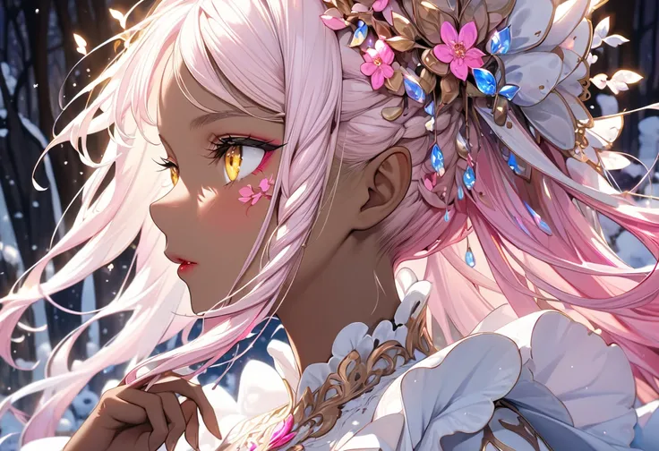 (beautiful and delicate) (Spectacular views illustration), in a beautiful Head Maid clothes, (profile:1.3, looking away), (close up face, focus face), break, (darkness brown skin), (solo, age 1000) (delicate Dreadlocks:1.5 vivid pink hair), (ultra beauty l...