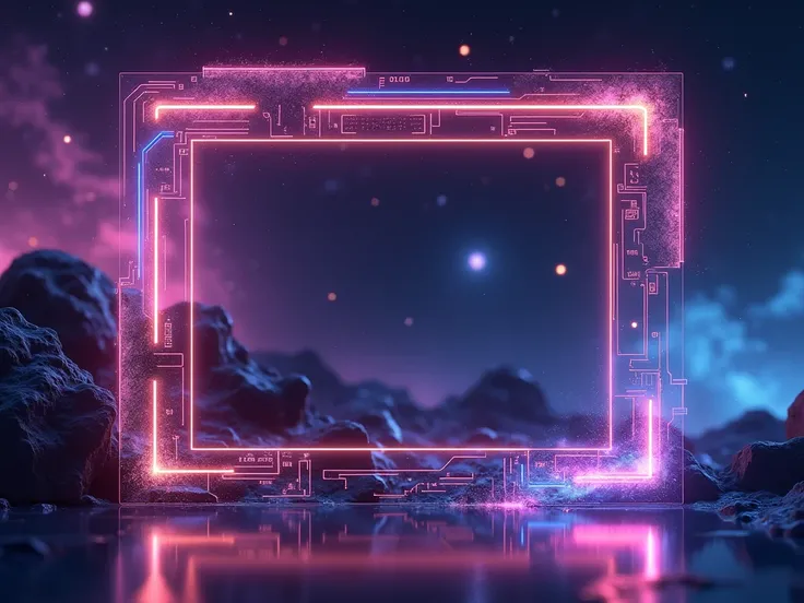 Create a highly detailed Twitch webcam overlay frame in a cosmic style. The design should feature elements like glowing stars, swirling galaxies, and nebulae with vibrant colors (purple, blue, pink, and a touch of gold). The frame should have a sleek, clea...