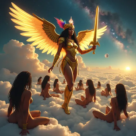 fantasy style image. there is an african goddess flying across the foreground from left to right surrounded by many naked fully nude african american women with big butts and big breasts natural kinky colorful hair. they are sitting and laying on top of th...