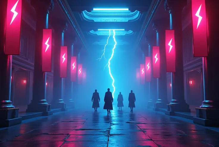 Interior of a ninja temple with flags with the symbol of the lightning bolt from Power Rangers with blue and magenta neon lights