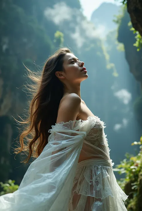 an upward- facing photograph of a beautiful brunette woman wearing a dress made of clear cellophane, intricate details, dynamic pose, fantasy background, cinematic lighting