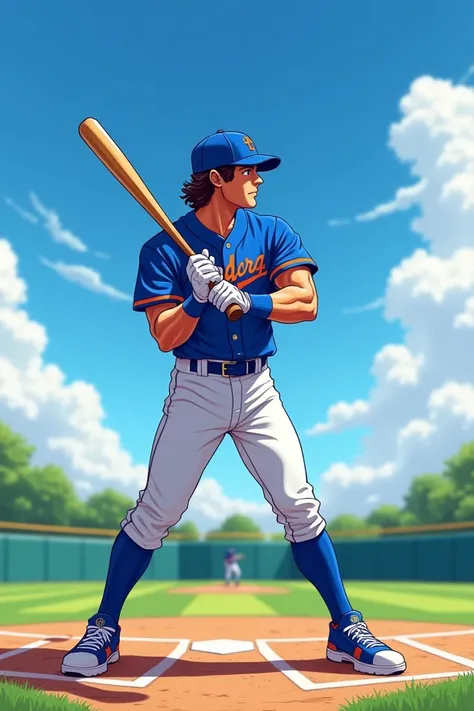 Muscular young man batting hard on a blue uniform baseball field