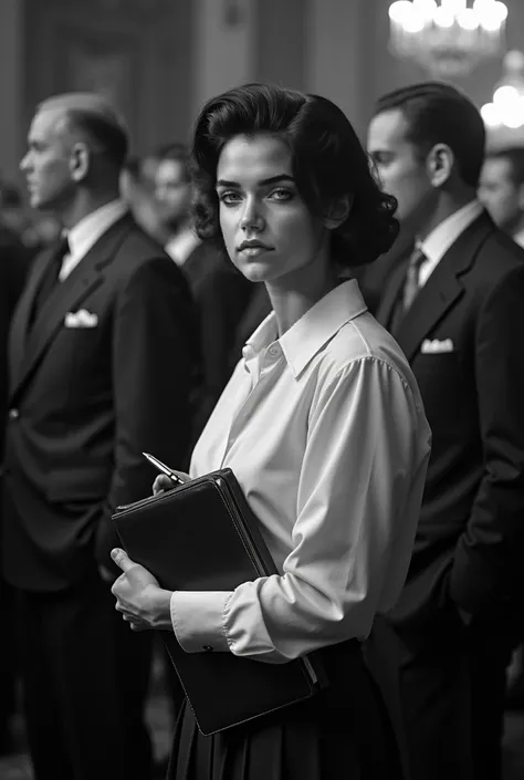 A black-and-white photograph capturing a woman posing as a journalist at a formal diplomatic event in New York. She is in her late 20s, with dark, neatly styled hair and a modest blouse paired with a professional-looking skirt. She holds a leather-bound no...