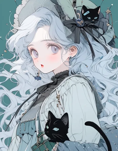 (  Masterpiece  ,  top quality,Ultra_  Details,  is high definition , Meaningless:1.2),  1 girl , _d, blue alone _hair, green_background, green_ Black Cat Under Guard , light blue_  headwear, , bow, Chest, Cat Under Guard ,  constellation, frills, gray_bow...