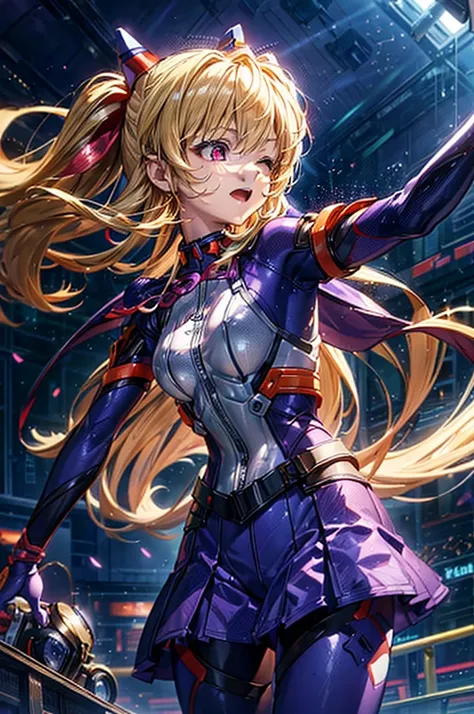 (Overlooking figure),dynamic angle,Super detailed, figure, close, straight, 1 girl, 
 ((Soryu Asuka Langley, interface headset, look at the audience、Purple Hero Suit、Purple bodysuit、Tight suit、(nffsw :1.0), Purple Ultraman Bodysuit, blonde)),Her eyes shone...